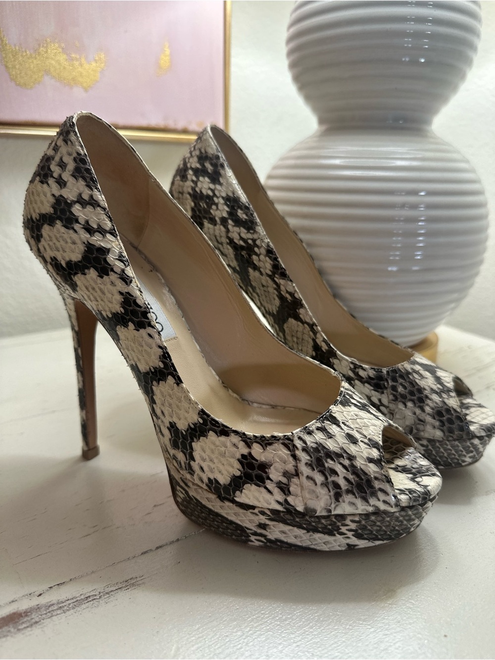 Jimmy Choo Peep-Toe Snake Print High Heel Pumps in Black & Cream size 37.5 US 7